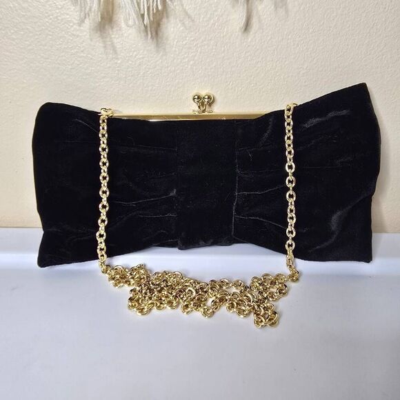 Talbots Handbags - Talbots Black Velvet Bow-Shaped Evening Bag w/ Gold Chain